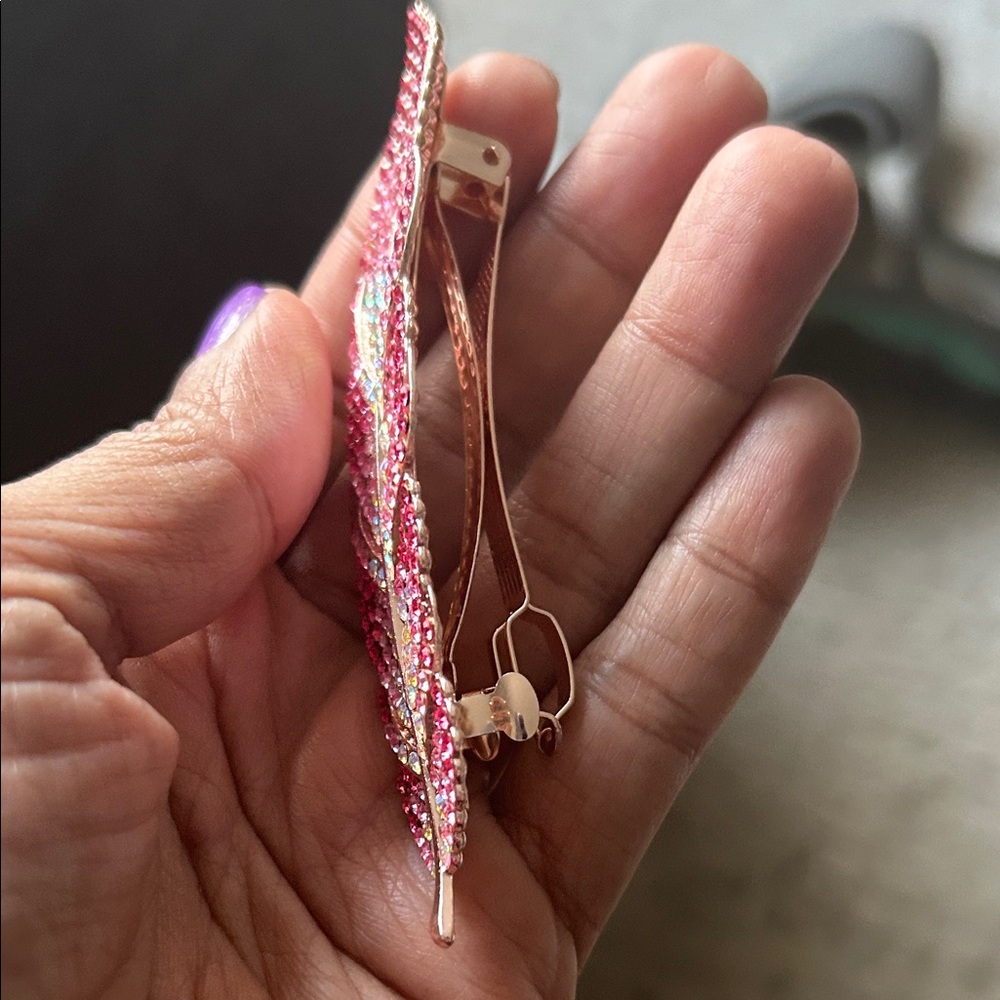 Sparkling Pink Crystal Leaf Hair Clip Barrette - Picture 3 of 4